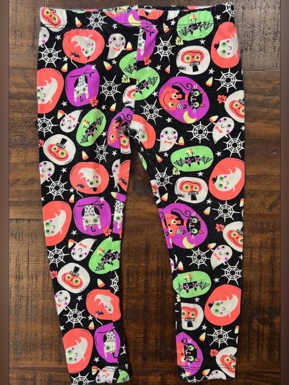Lighting bug 2T Halloween Print Leggings - Black with Neon Pumpkin & Ghosts